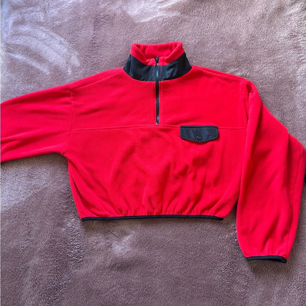 Forever 21 Red Cropped Quarter Zip Fleece Pullover Jacket Size Medium